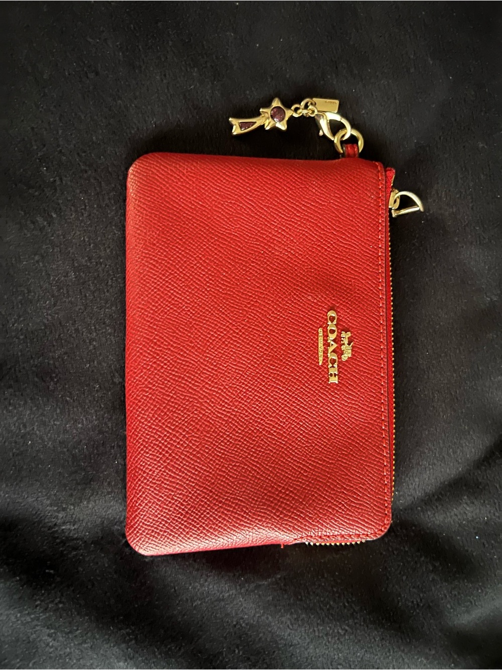 Coach Red Leather Zip Wallet with Gold Charm Accent